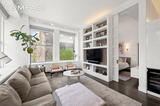 living room with dark wood-type flooring and built in features