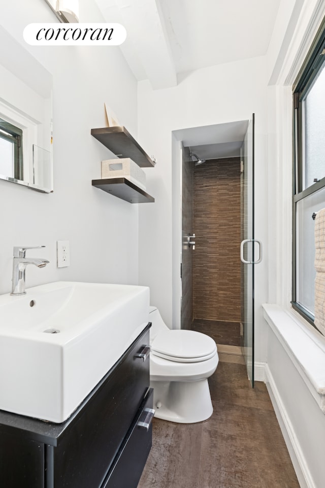 bathroom with toilet, wood finished floors, and vanity