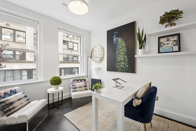 home office with baseboards and wood finished floors