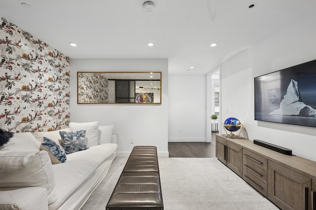 living room with baseboards, recessed lighting, and dark wood-style flooring