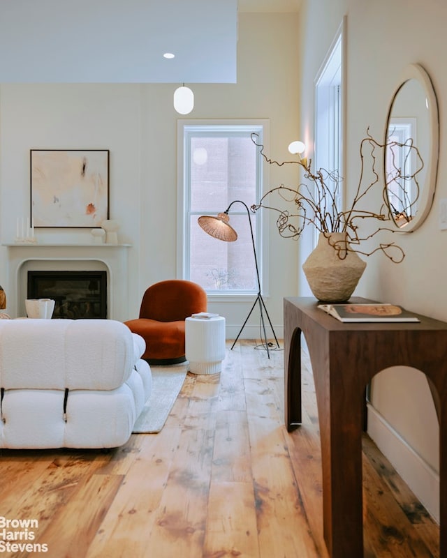 interior space featuring a glass covered fireplace, wood finished floors, and recessed lighting