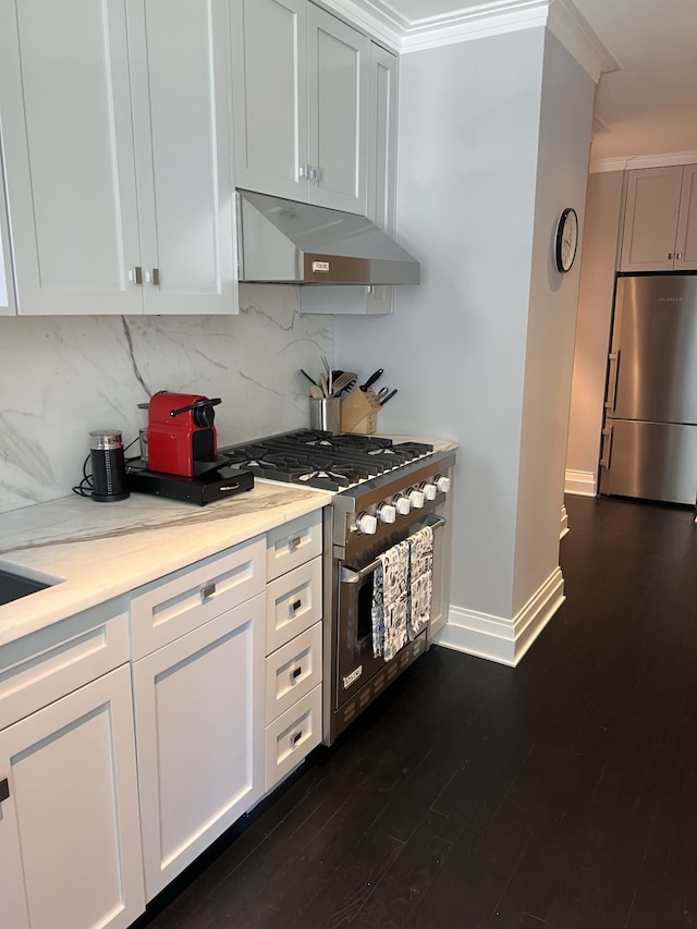 kitchen featuring stainless steel appliances, under cabinet range hood, backsplash, baseboards, and dark wood-style flooring