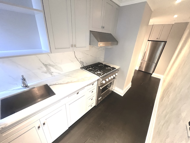 kitchen with under cabinet range hood, appliances with stainless steel finishes, a sink, and backsplash