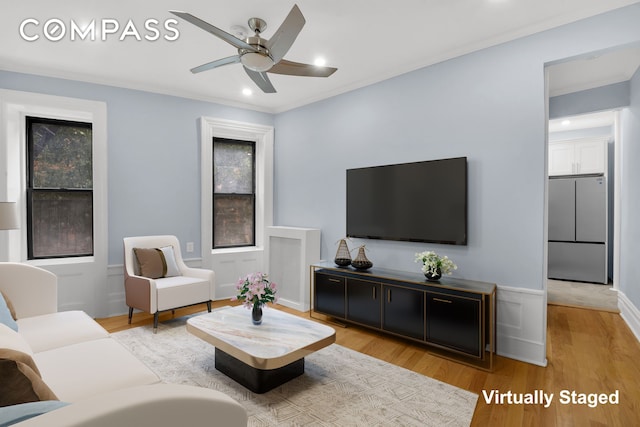 100 Hamilton Pl Unit 2F, New York City, NY 10031 - living room with light wood-type flooring, recessed lighting, a ceiling fan, and ornamental molding