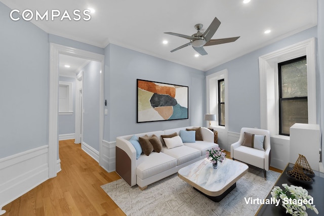 100 Hamilton Pl Unit 2F, New York City, NY 10031 - living area featuring light wood finished floors, a ceiling fan, crown molding, and recessed lighting