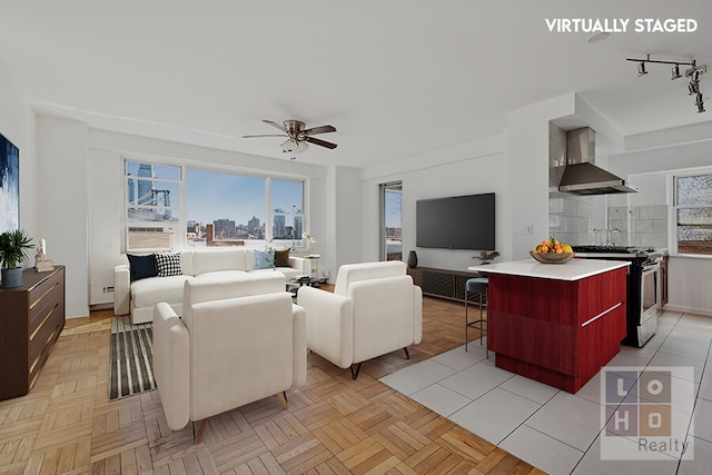living area featuring rail lighting and ceiling fan