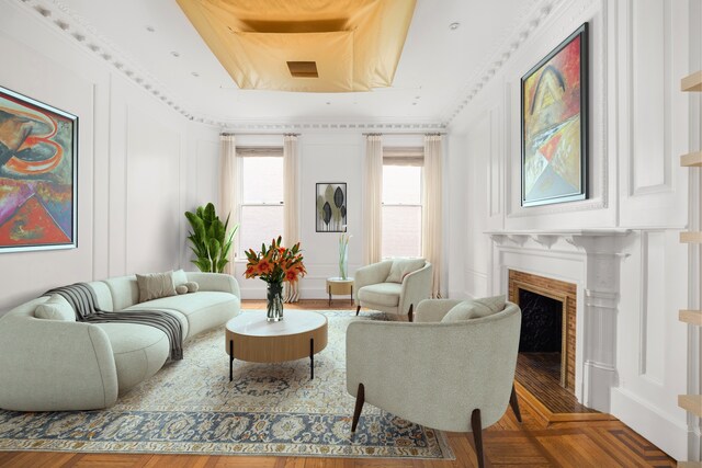 1342 Lexington Ave, New York City, NY 10128 - sitting room with a fireplace, a tray ceiling, and parquet flooring