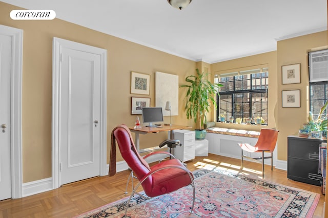 office area featuring baseboards, ornamental molding, and visible vents