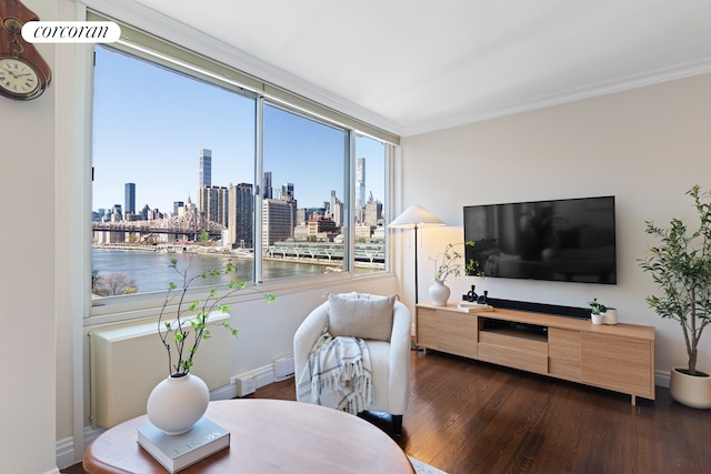 575 Main St Unit 903, New York City, NY 10044 - living room with dark wood-style flooring, crown molding, and baseboards