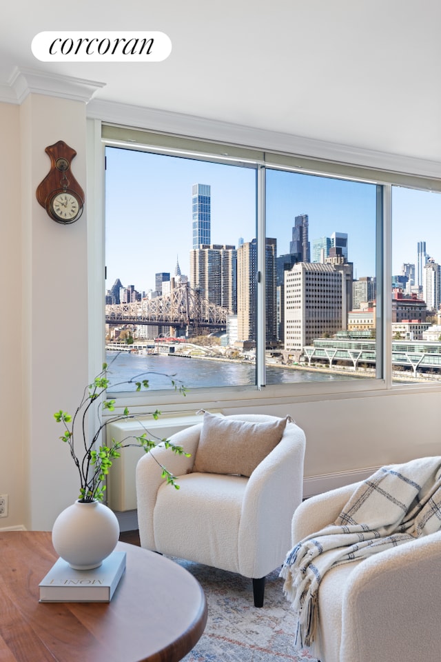 living room featuring a skyline view, crown molding, and wood finished floors