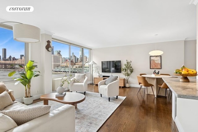 living area featuring dark wood-style floors, baseboards, and crown molding