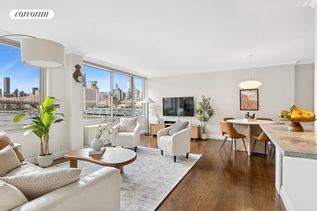 575 Main St Unit 903, New York City, NY 10044 - living room featuring dark wood finished floors, baseboards, and crown molding