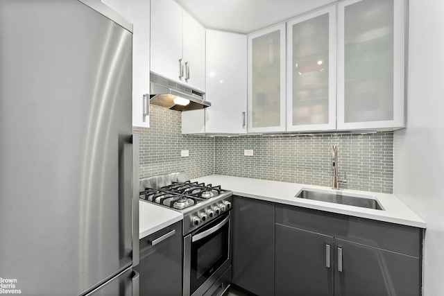 10 W 15th St Unit 924, New York City, NY 10011 - kitchen featuring appliances with stainless steel finishes, a sink, under cabinet range hood, white cabinetry, and light countertops