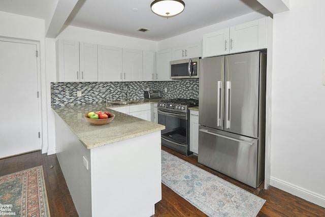 kitchen with a sink, stainless steel appliances, a peninsula, tasteful backsplash, and dark wood-type flooring