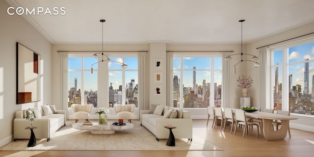 sunroom featuring a healthy amount of sunlight, a chandelier, and a city view