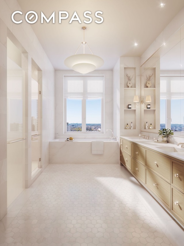 full bath with a bath, a sink, a stall shower, double vanity, and tile patterned floors