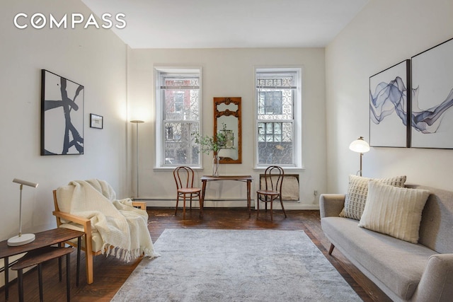 217 W 15th St, New York City, NY 10011 - living area featuring a baseboard radiator, wood finished floors, and baseboards