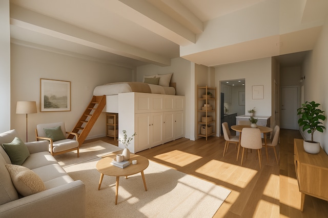 310 E 46th St Unit 18J, New York City, NY 10017 - living room with wood finished floors and beamed ceiling