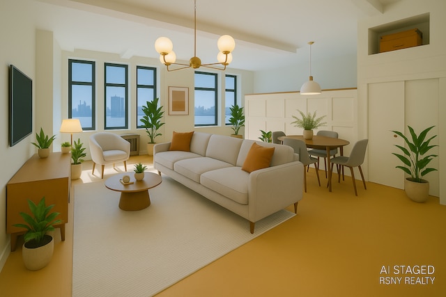310 E 46th St Unit 18J, New York City, NY 10017 - living area featuring a chandelier, carpet flooring, and beamed ceiling