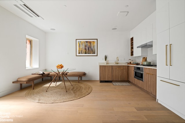 kitchen with appliances with stainless steel finishes, under cabinet range hood, modern cabinets, light wood finished floors, and light countertops