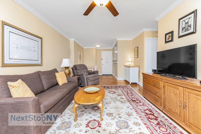 245 E 54th St Unit 22A, New York City, NY 10022 - living room featuring ceiling fan, crown molding, and baseboards