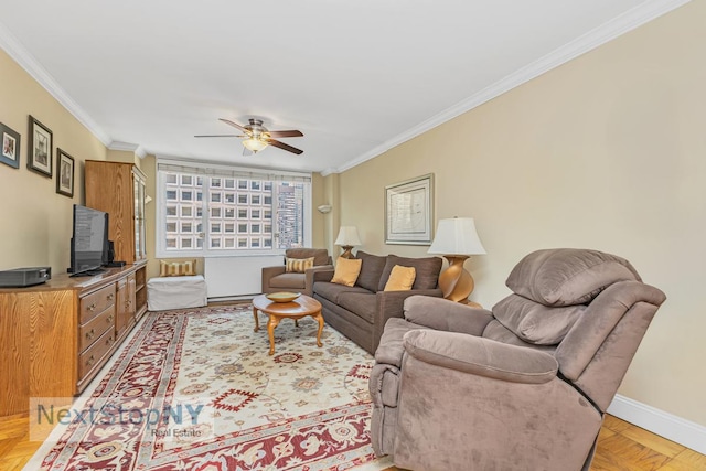 245 E 54th St Unit 22A, New York City, NY 10022 - living room featuring crown molding, a ceiling fan, and baseboards