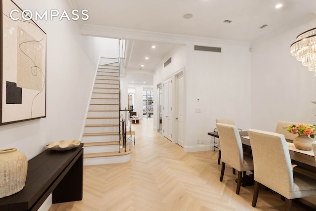 9 W 84th St, New York City, NY 10024 - dining space featuring recessed lighting, stairs, a chandelier, ornamental molding, and baseboards