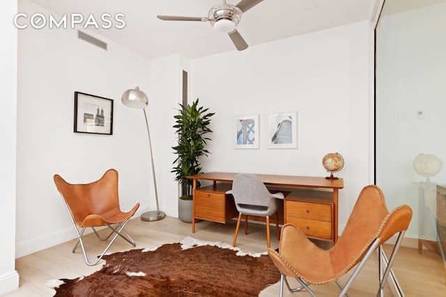 9 W 84th St, New York City, NY 10024 - office area with light wood-style floors, ceiling fan, and baseboards