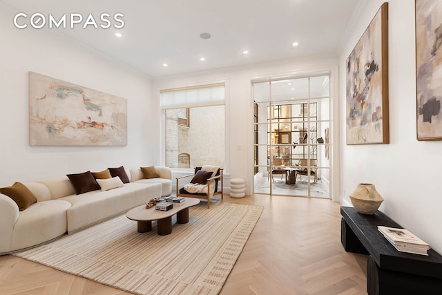 9 W 84th St, New York City, NY 10024 - living room featuring crown molding and recessed lighting