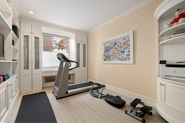 workout area with french doors, baseboards, ornamental molding, and recessed lighting