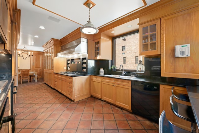 kitchen with tasteful backsplash, wall chimney range hood, stainless steel gas stovetop, dishwasher, and a sink