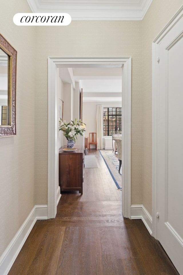 hall with dark wood finished floors, crown molding, and baseboards