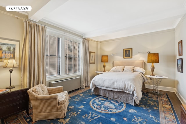 175 E 79th St Unit 9D, New York City, NY 10075 - bedroom with beamed ceiling, wood finished floors, an AC wall unit, and ornamental molding