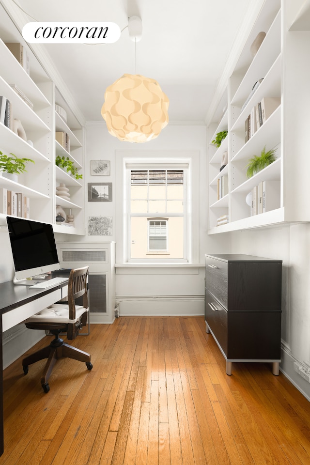 unfurnished office with light wood-style flooring and ornamental molding