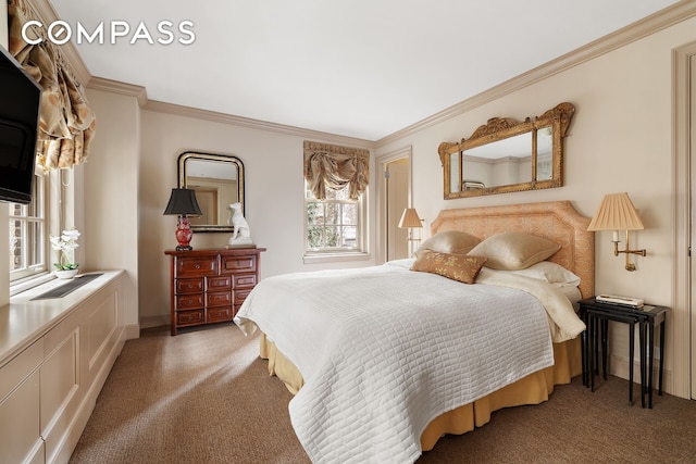 carpeted bedroom with ornamental molding