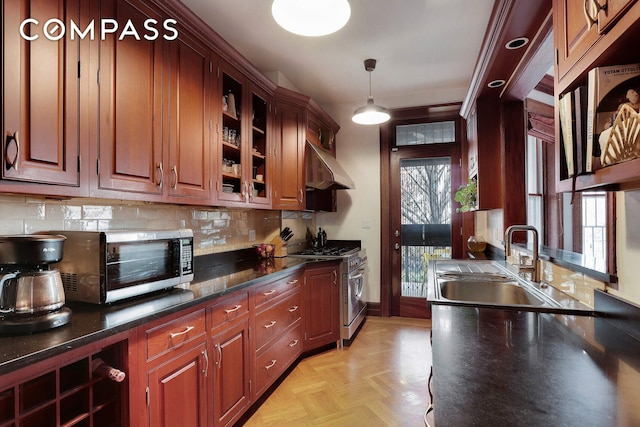 kitchen featuring a sink, under cabinet range hood, decorative backsplash, hanging light fixtures, and appliances with stainless steel finishes