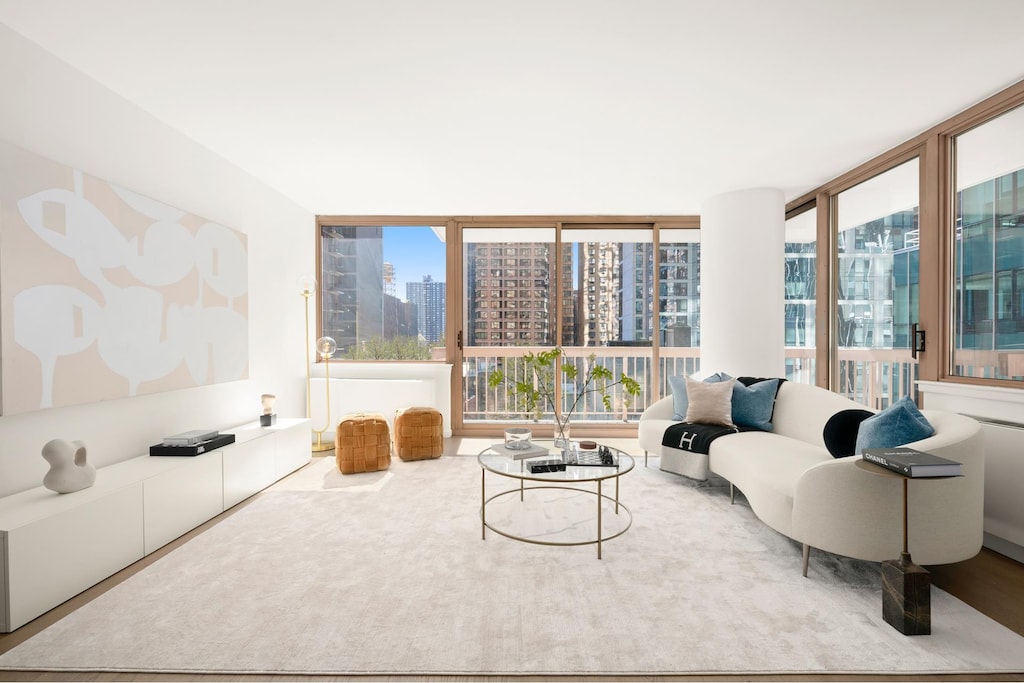 living room featuring a view of city