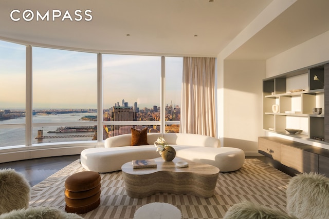 living area featuring expansive windows, a city view, wood finished floors, and baseboards