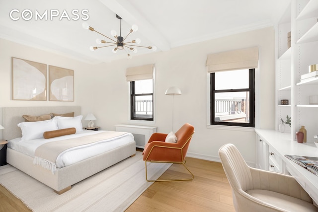 1049 Park Ave Ph, Ph, New York City, NY 10028 - bedroom with radiator heating unit, light wood-style floors, a chandelier, baseboards, and crown molding