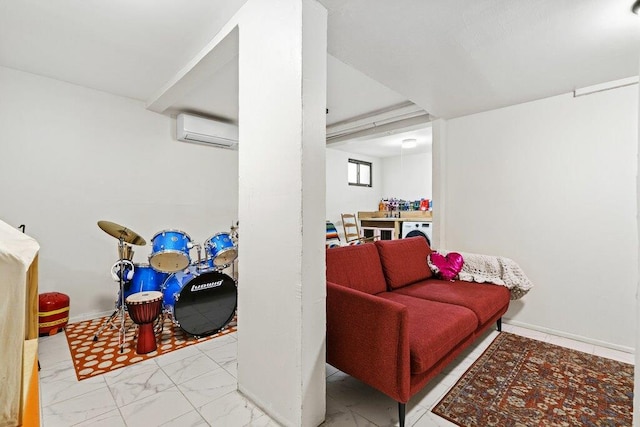 interior space featuring baseboards, a wall unit AC, and marble finish floor
