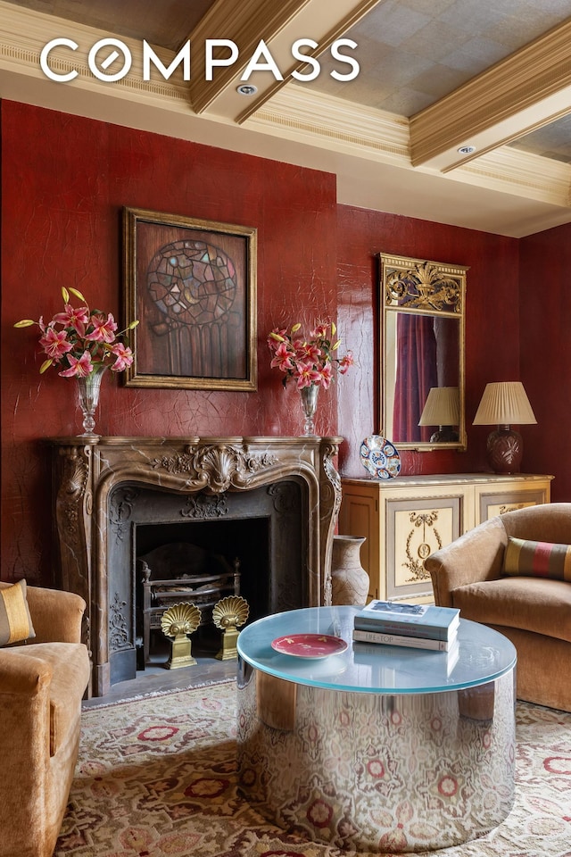 875 Park Ave Unit 9C, New York City, NY 10075 - sitting room with a premium fireplace, ornamental molding, coffered ceiling, and beamed ceiling