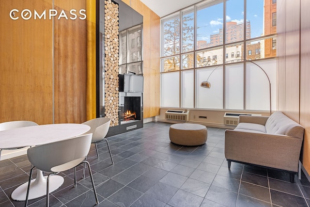 building lobby featuring a view of city