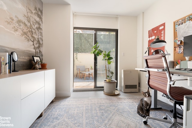 tiled home office with baseboards