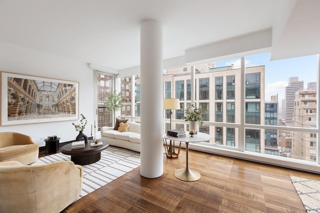 living room featuring decorative columns, wood finished floors, and a city view