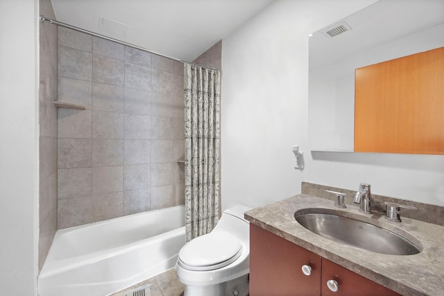 bathroom with shower / bath combo, visible vents, toilet, and vanity