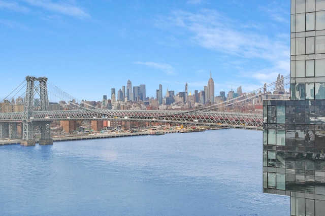 view of water feature with a city view