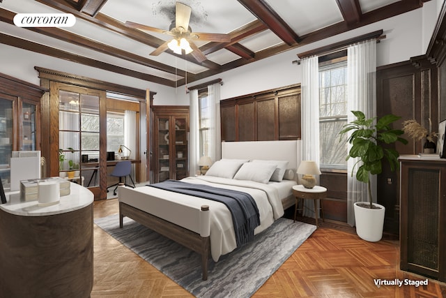 bedroom featuring beamed ceiling, visible vents, multiple windows, and coffered ceiling