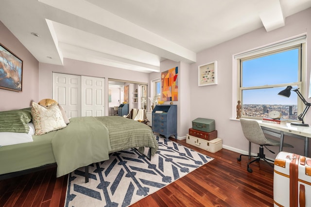 bedroom with wood-type flooring, baseboards, and multiple closets