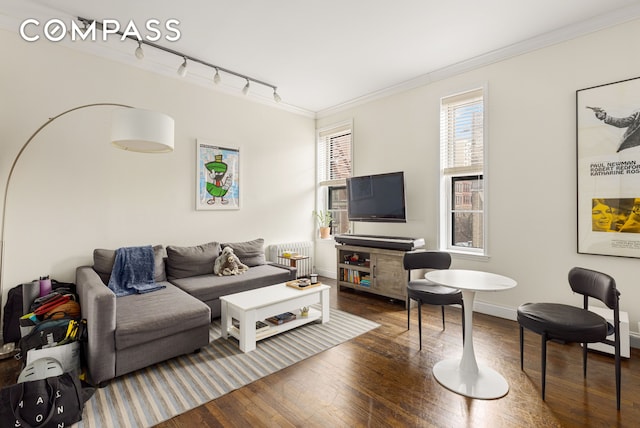 living area featuring radiator, rail lighting, ornamental molding, wood-type flooring, and baseboards