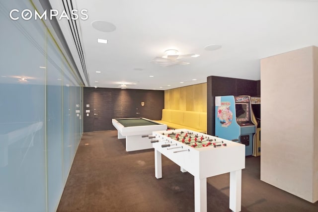 rec room with dark colored carpet, ceiling fan, and pool table